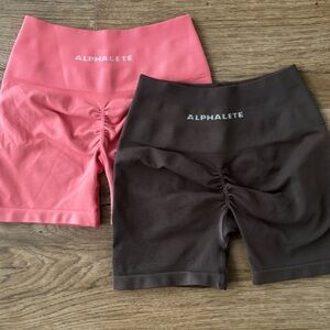 2 Alphalete Women's Shorts in Pixel Pink and Dark Mocha 4.5” Inseam scrunch butt